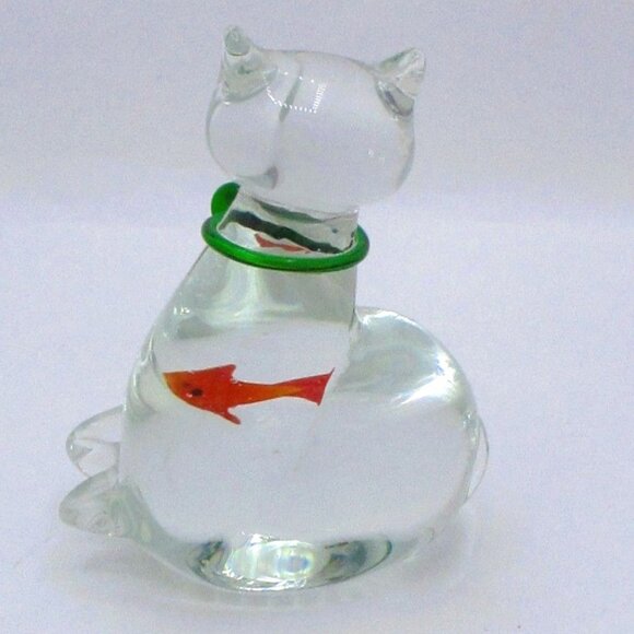 Glass Cat Figurine With Green Bow Orange Fish Encased Inside -Bubbles Unique  I - Picture 3 of 5